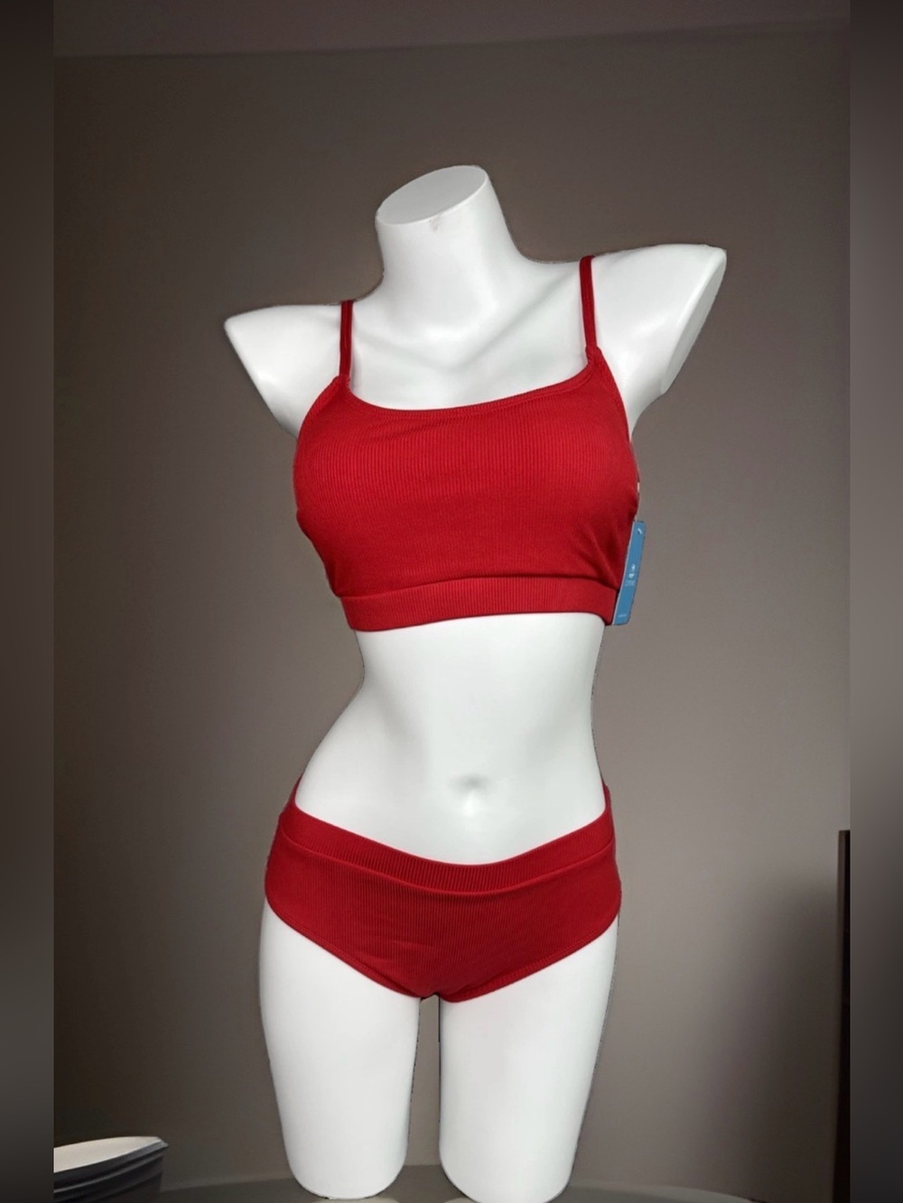 Cupshe Red Ribbed Med Waisted Bikini Set Two Piece Swimsuit Women’s Sz S NWT